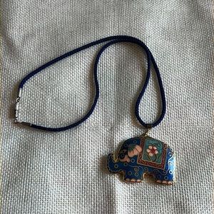 Vintage cloisonné enamel elephant pendant blu cord necklace
